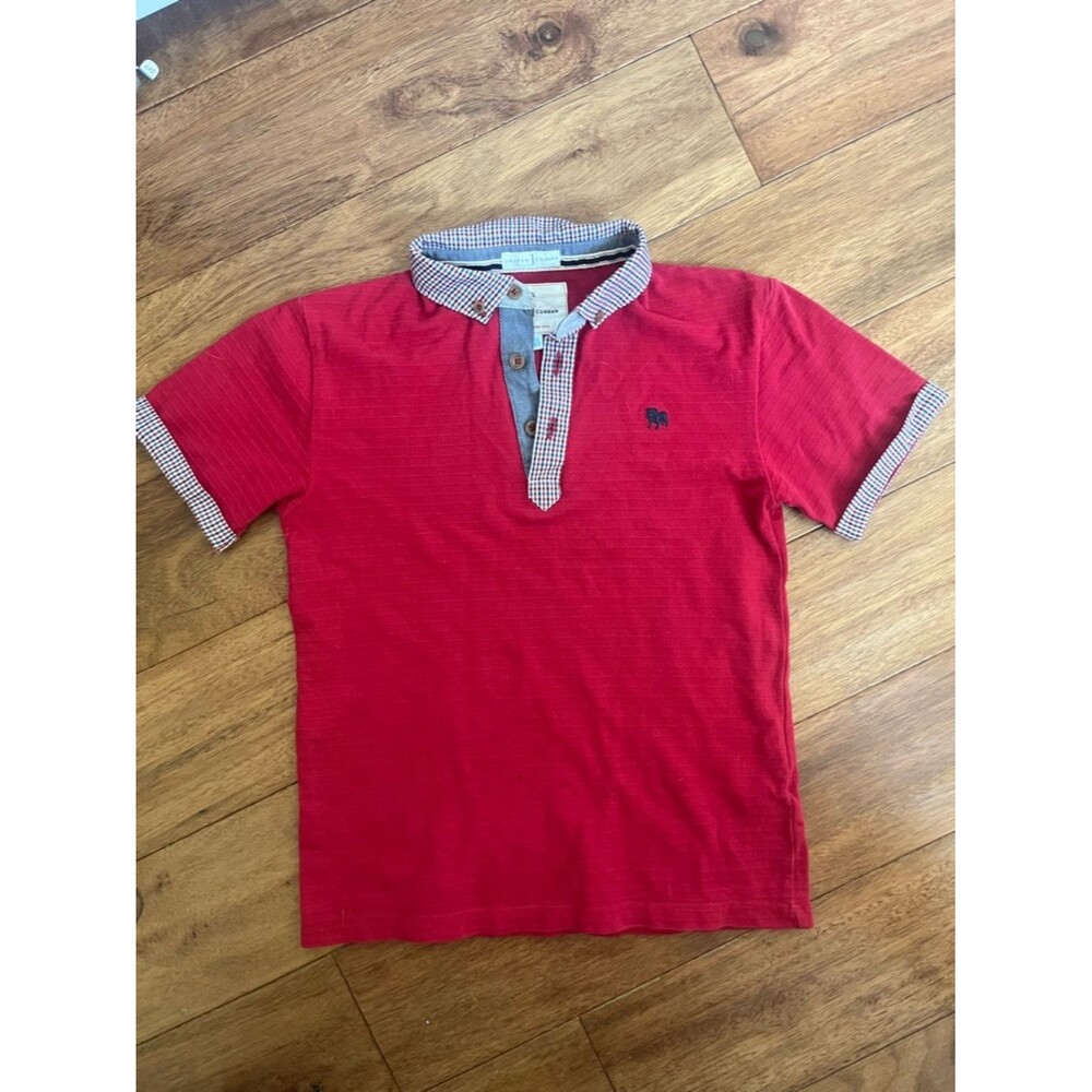 Jasper Conran Designer Boys Red Short-Sleeve Polo Contrast Gingham Trim Size 8-9